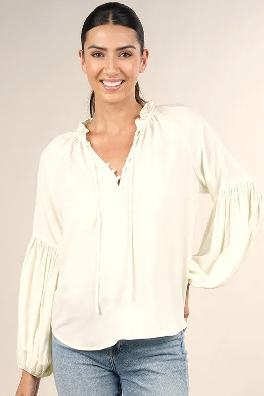 Lantern Sleeve Top w/ Ruffle Neck - Ivory