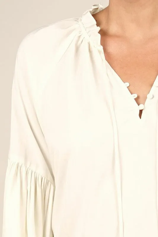 Lantern Sleeve Top w/ Ruffle Neck - Ivory