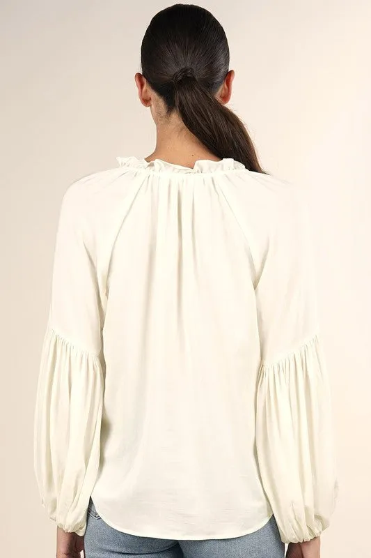 Lantern Sleeve Top w/ Ruffle Neck - Ivory