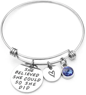 LIUANAN She Believed She Could so She Did Expandable Bangle Birthstone Charm Stainless Steel Cuff Bracelet