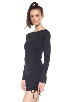 Long-Sleeved Cable-Shirred Dress - Black