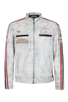 Men's White “Denim Look” Real Leather Racing Style Jacket with Stripes - 'FRANK'