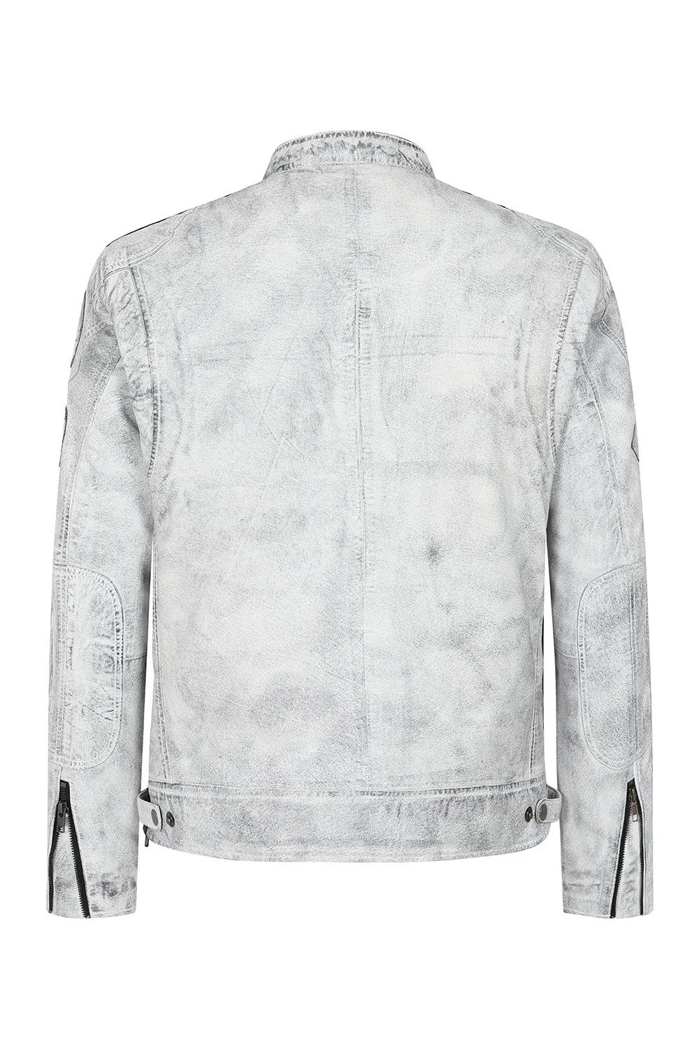 Men's White “Denim Look” Real Leather Racing Style Jacket with Stripes - 'FRANK'