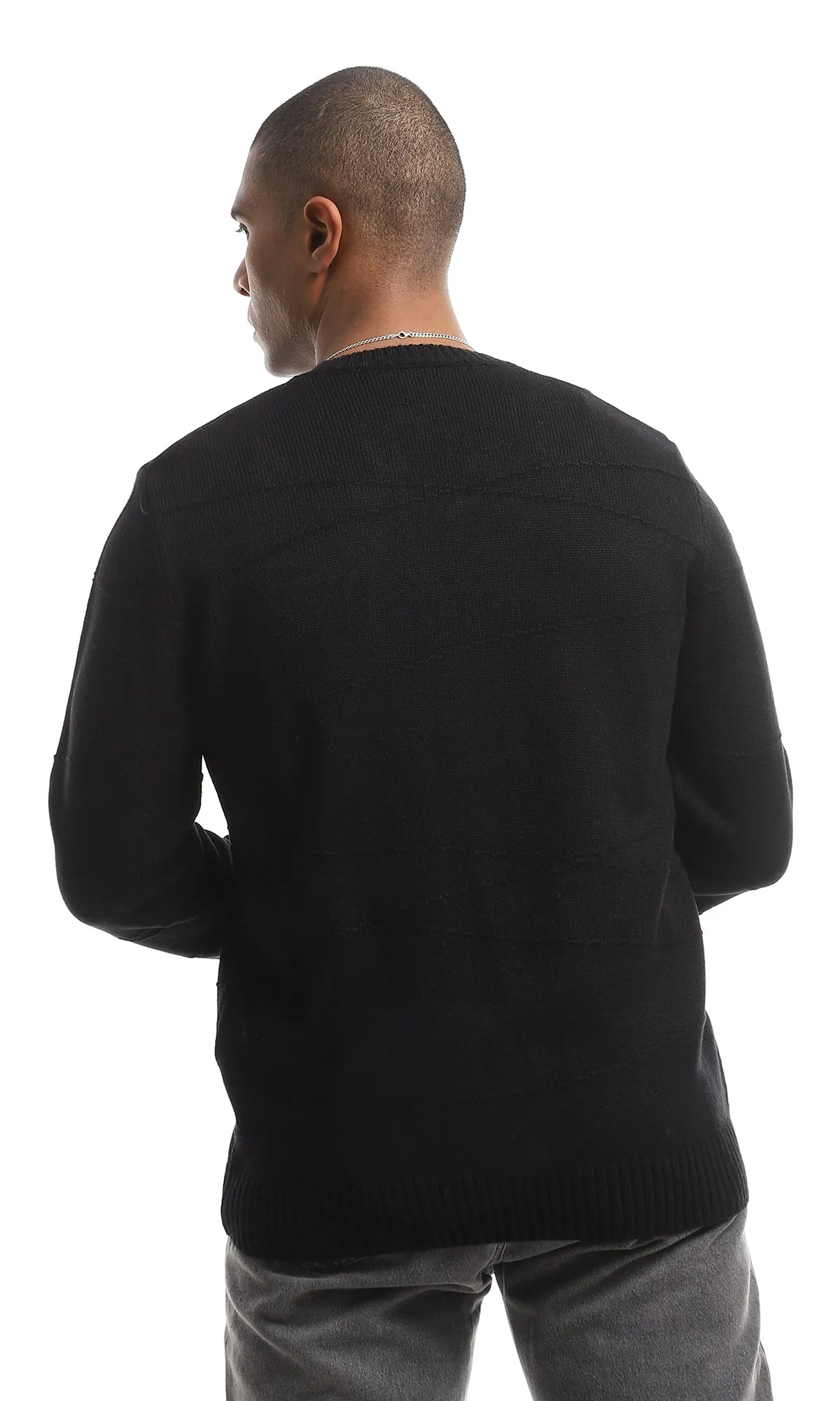 O161323 Classic Knitted V-Neck Long Sleeved Plain Pullover - Black