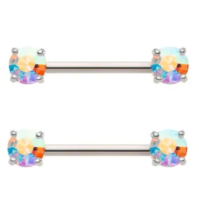 Rainbow Aurora Prong CZ Stainless Steel Nipple Barbell