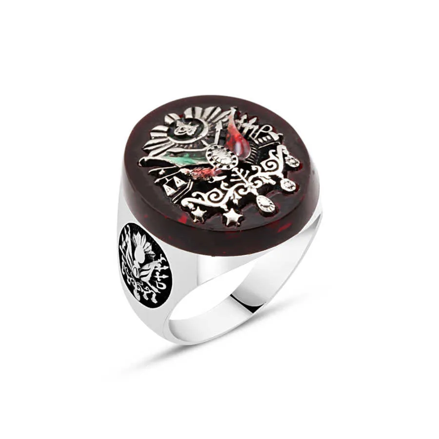 Red Circle Agate Stone with Ottoman State Coat of Arms Silver Men's Ring Siding Coat of Arms