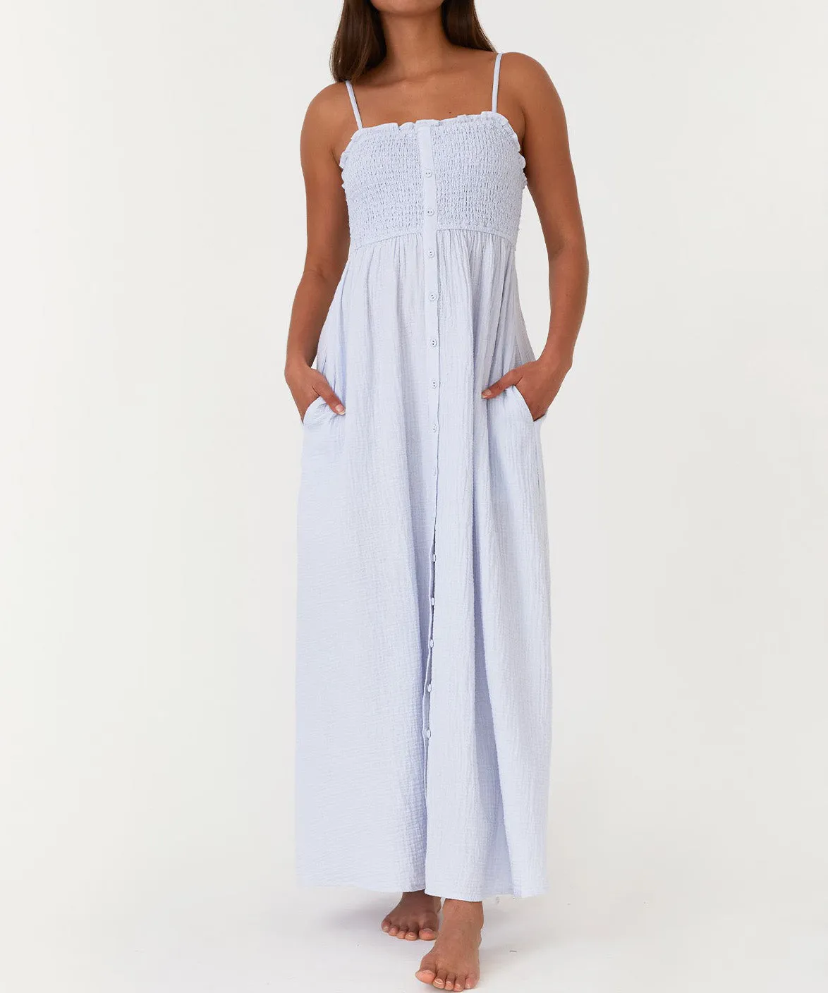 Smocked Button Front Maxi Dress - Dusty Blue