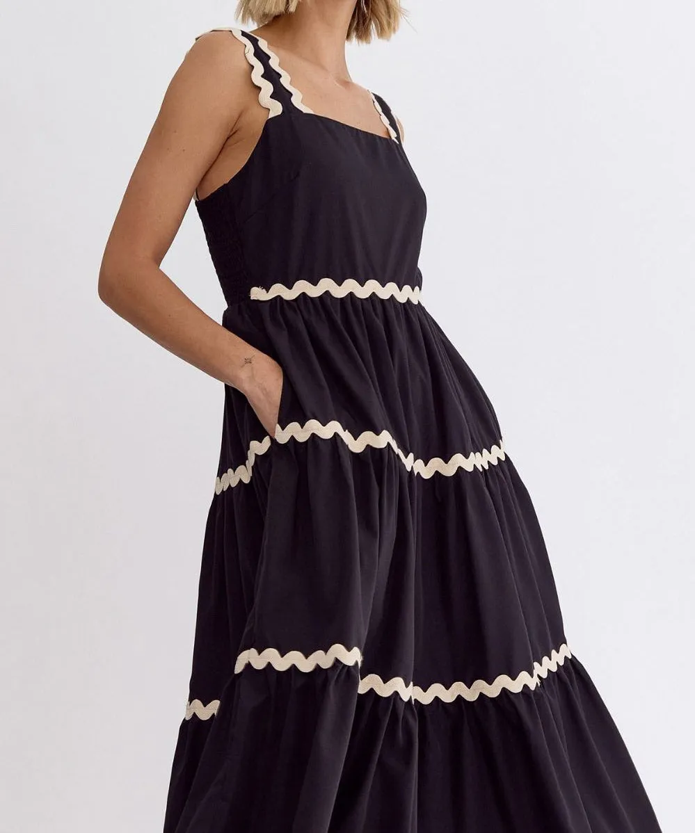 Square Neck Midi Dress with Rick Rack Trim - Black