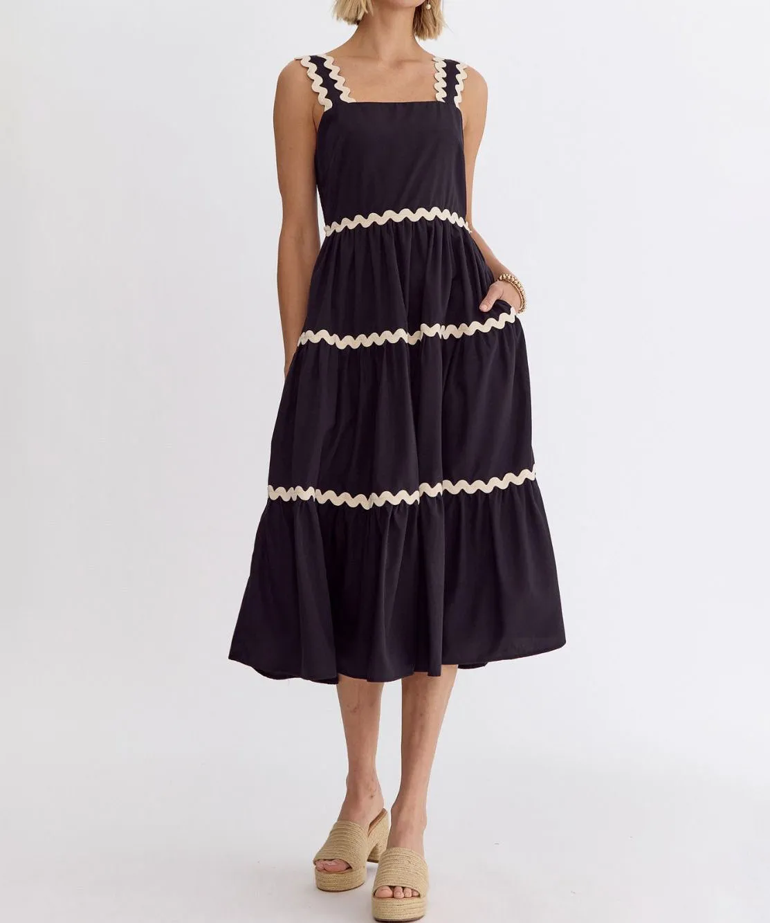 Square Neck Midi Dress with Rick Rack Trim - Black