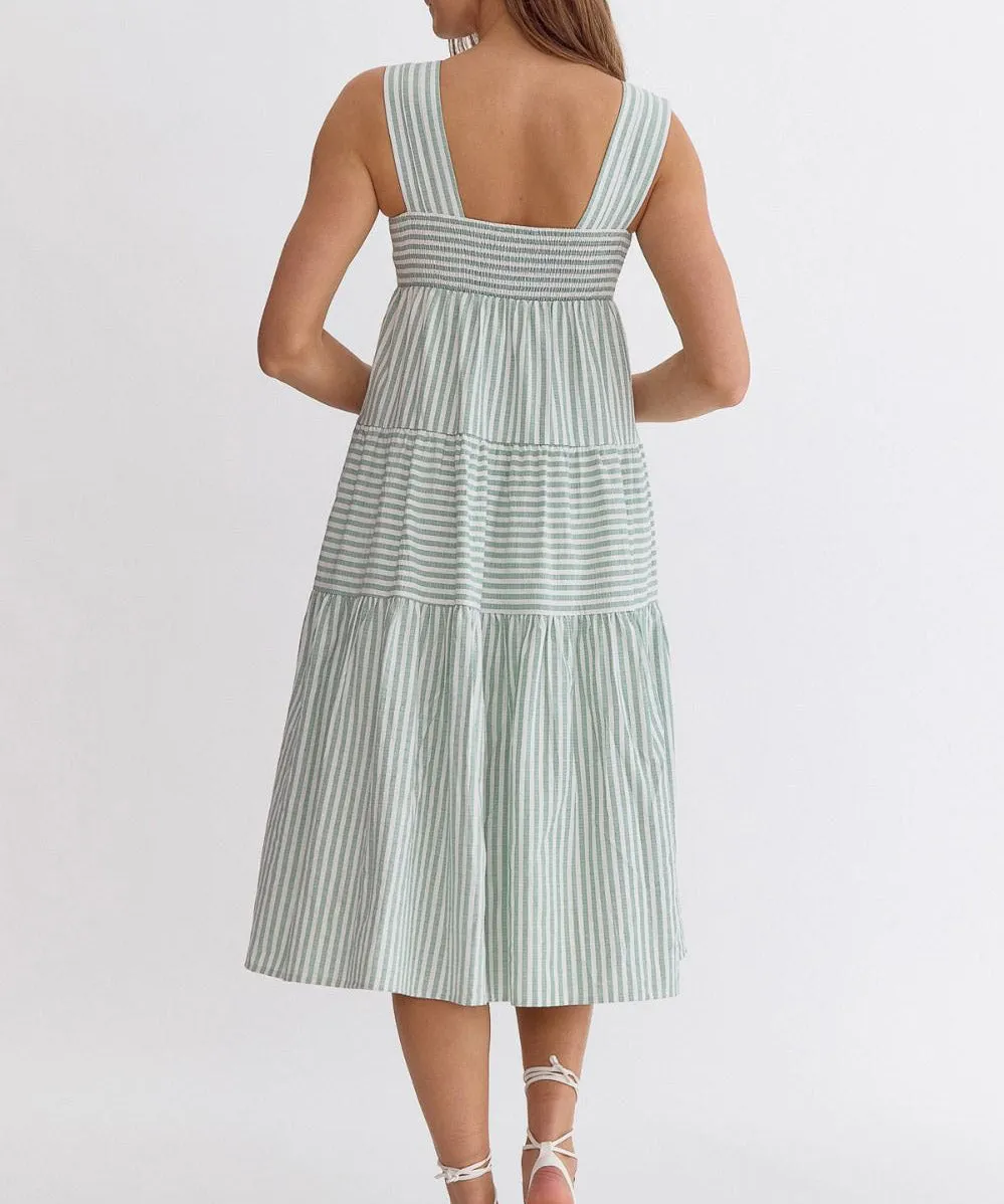 Stripe Square Neck Midi Dress - Green