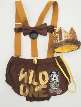 Wild one Miickey Mouse heme Smash Cake Outfit Boy Birthday Outfit 4 Piece Set Diaper Cover, Suspenders and Birthday crown