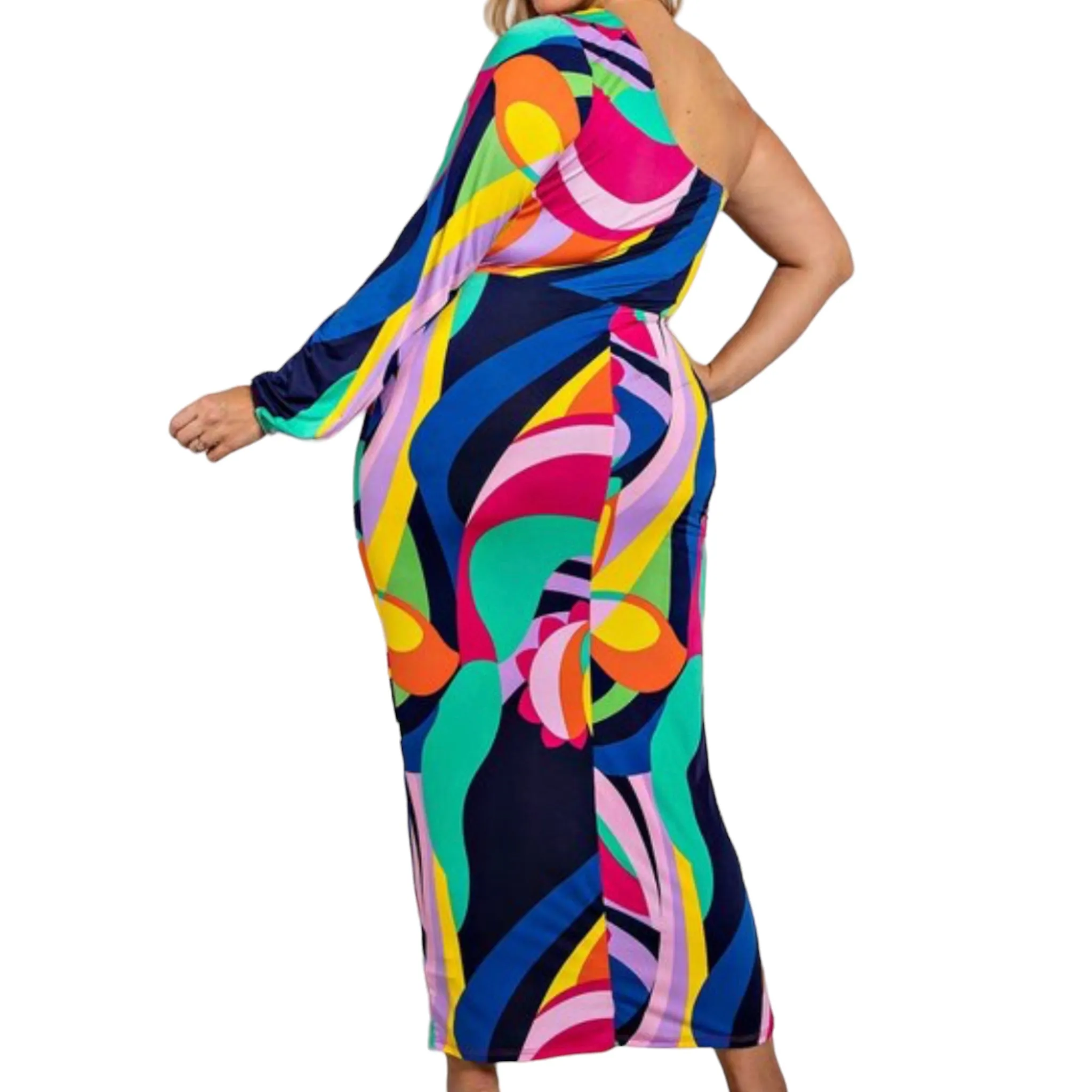 Women's Plus Multicolored One Shoulder Maxi Dress