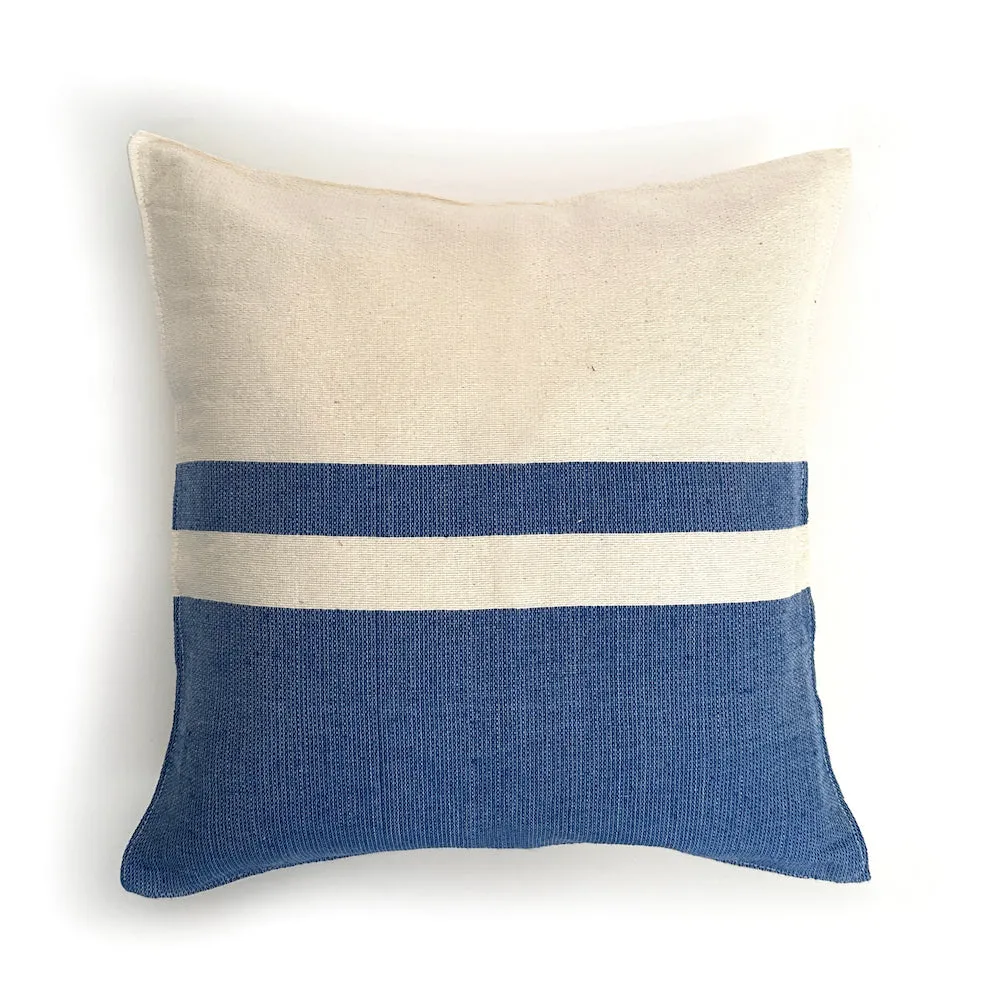 Woven Block Pillow Case - Natural with Blue